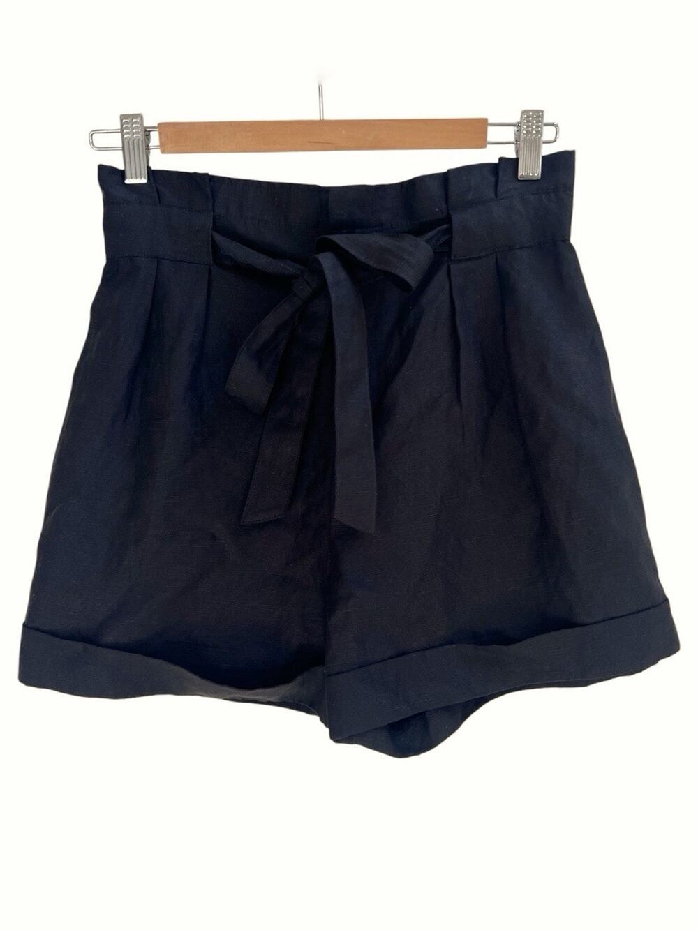 CLUB MONACO Womens Paperbag Shorts High Waist Black Tie Sz 2 Pleated Folded Hem